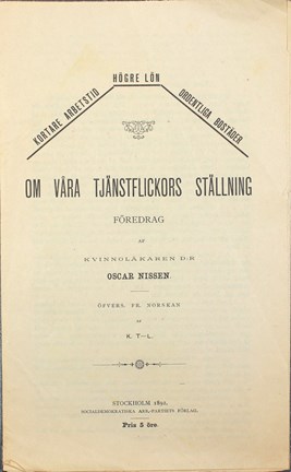 Föredrag av Oscar Nissen om bättre arbetsvillkor för tjänarinnor