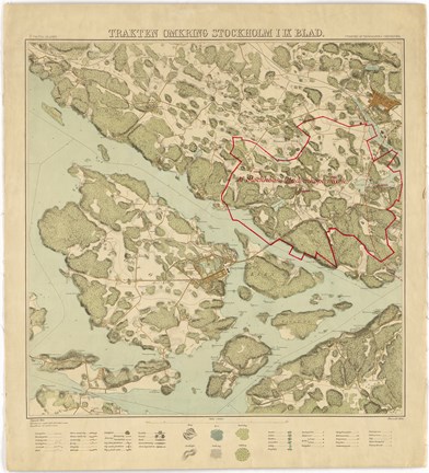 Tryck i gärg, med skog i grönt, vatten i blått och förklaring med bilder över symboler och streckningar under kartbilden.