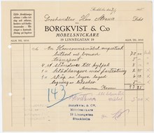 Kvitto från Bergkvist & Co Möbelsnickeri som den judiska societetskvinnan Irene Strauss sparade