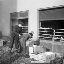 Två barn tittar på förstörelsen efter den sovjetiska bombfällningen över Eriksdalsområdet 1944 .