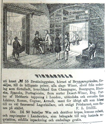 Interiörbild från vinhandeln och annonstext om viner.