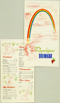 Meny tryckt i blått, gult rött och grönt med bild av regnbåge, frukt och personer samt text, fram och baksida.