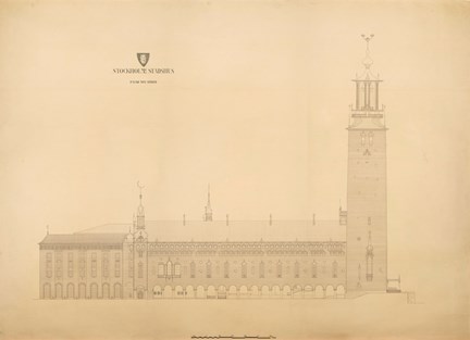 Ritning i stort format av stadshuset, fasaden mot Riddarfjärden, i tusch på gulnat papper