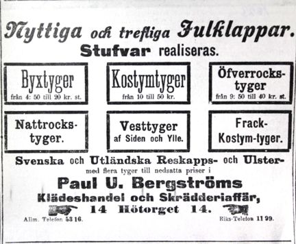 Annons med texten: "Nyttiga och trefliga Julklappar. Stufvar realiseras." Vidare står om bland annat byxtyger, kostymtyger och överrockstyger.