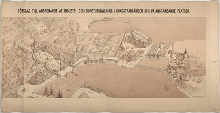 Laverad teckning i fågelperspektiv över byggnader och gator kring Kungsträdgården i Stockholm.
