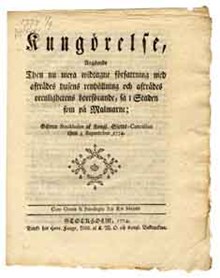 Kungörelse, angående then nu mera widtagne författning med afträdes husens renhållning och afträdes orenlighetens bortförande, så i staden som på malmarne; Gifwen Stockholm af Kongl. Slotts-cancelliet then 1 september 1774