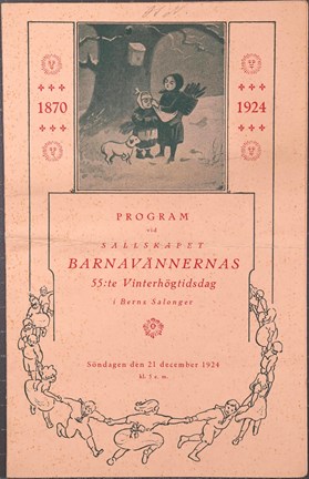 Tryckt programfolder för Sällskapet Barnavännernas vinterfest