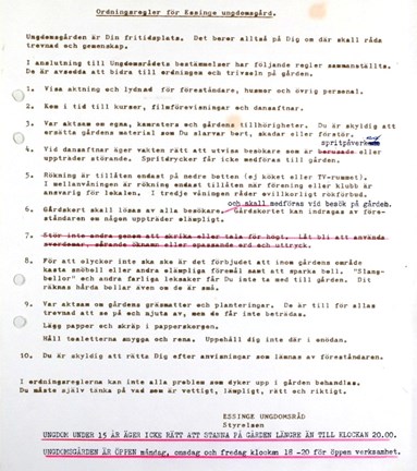Ordningsregler för Stora Essingens ungdomsgård 1964. 