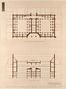 Ragnar Östbergs tävlingsförslag Rådhus ”Mälardrott” 1905, tillägg fullständigt fängelse, sektion plan och plan entresolvåning