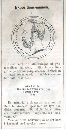 Expositions-minnen I. Satirisk notis om Stockholmsutställningen 1866 i Söndags-Nisse – Illustreradt Veckoblad för Skämt, Humor och Satir, nr 41, den 7 oktober 1866