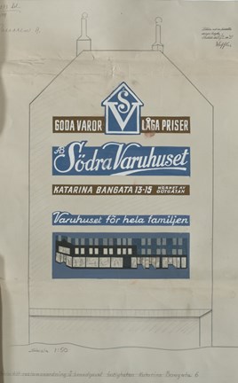 Målad reklam i blått, svart, brunt och vitt samt blyerts och tusch på papper.