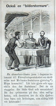 Också en bilderstormare. Bildskämt om Molins fontän i samband med Stockholmsutställningen 1866 i Söndags-Nisse – Illustreradt Veckoblad för Skämt, Humor och Satir, nr 32, den 5 augusti 1866
