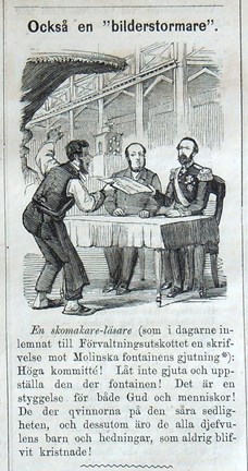 Också en bilderstormare. Bildskämt om Molins fontän i samband med Stockholmsutställningen 1866 i Söndags-Nisse – Illustreradt Veckoblad för Skämt, Humor och Satir, nr 32, den 5 augusti 1866