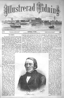 Kort biografi över Lars Johan Hierta i Illustrerad Tidning, nr 12, den 21 mars 1863. Med porträtt.