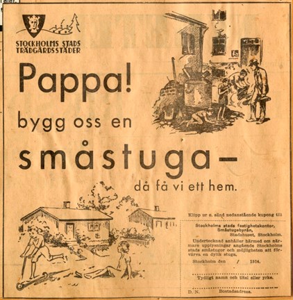 Utklippt annons gulnat tidningspapper med jämförelsebild av familj i mörk nedgången stadsmiljöbarn och idyllisk bild av barn i trädgårdsmiljö framför småstuga
