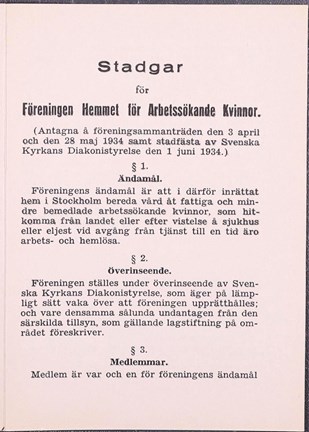 Tryckta stadgar för Hemmet för arbetssökande kvinnor 1934