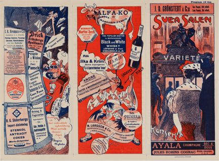 Programblad för Sveasalen och Sveateatern från 1904, rikt illustrerad framsida med reklamannonser.