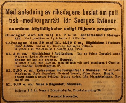 Annons angående festligheter med anlending av kvinnors rösträtt 1919