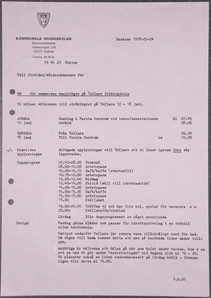 Maskinskriven beskrivning av program för sommarläger från kommunala musikskolan i söderort 
