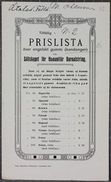 Tillfällig prislista över engelskt gummi (kondonger) - 1915