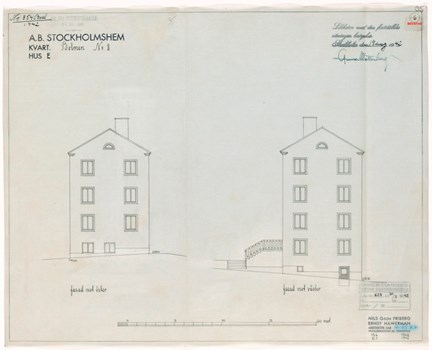 Ritning i tusch på transparent väv som visar gavelfasader från två håll