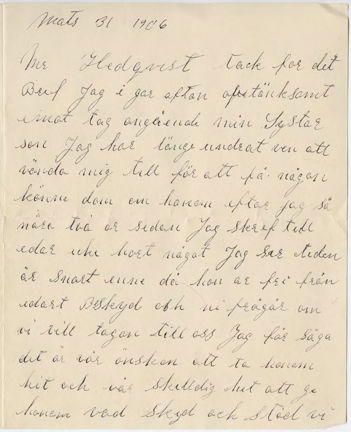 Brev från Emil Swanson i Amerika till föreståndaren för Lindgrenska Trasskolan 1906.