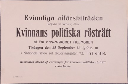Inbjudan till rösträttmöte för kvinnliga affärsbiträden