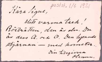 Brev från Hanna Arpi till Signe Bergman 1921