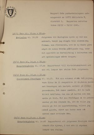 Maskinskriven rapport från en parkvakt i december 1941