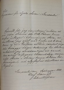 Tysta skolan - ansökan om plats för Otto Helmer 1888