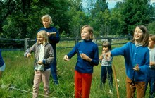 Barnens ö: Barnen på ängen kastar pil