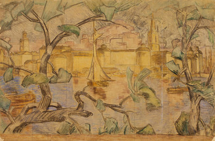 Skiss till Staden vid vattnet. Utsikten mot Riddarholmen från Stadshuset, i förgrunden syns träd och längre in i bilden båtar och hus.