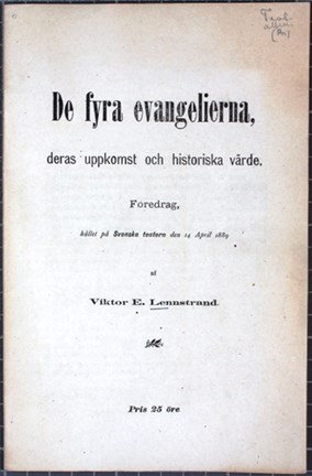 Framsida på text till religionskritiskt föredrag om de fyra evangelierna