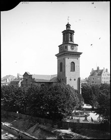 Maria Magdalena Kyrka västerifrån. Hornsgatan längst till vänster