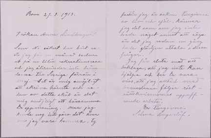 Brev från Selma Lagerlöf till Anna Lindhagen 1913
