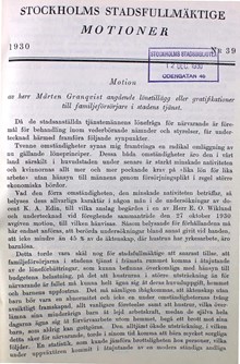 Motion om lönetillägg för familjeförsörjare i stadens tjänst - stadsfullmäktige 1930
