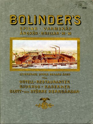 Text i guld på grön bakgrund och en bild på en fabriksbyggnad. 