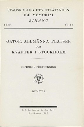 Framsida till Bihang 15, Stadskollegiets utlåtanden och memorial år 1935