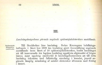 Ett tryckt yttrande från Landstingsbestyrelsen som gäller frågan om epidemisjuksköterskors anställande