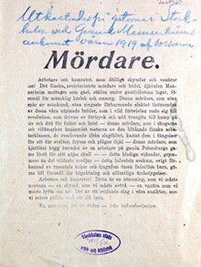 "Mördare." - pamflett om Gustaf Mannerheim inför dennes Stockholmsbesök 1919