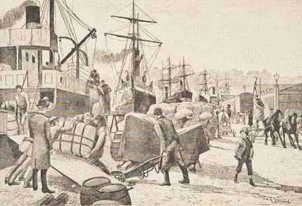 Träsnitt som visar hamnarbetare som lastar varor vid Skeppsbrokajen 1888. 